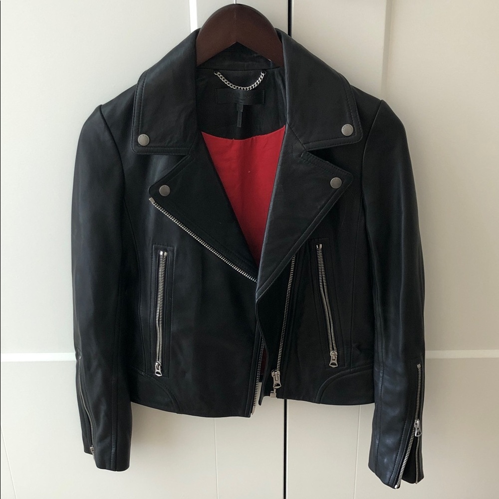 rag & bone Black Leather Jacket with Red Lining